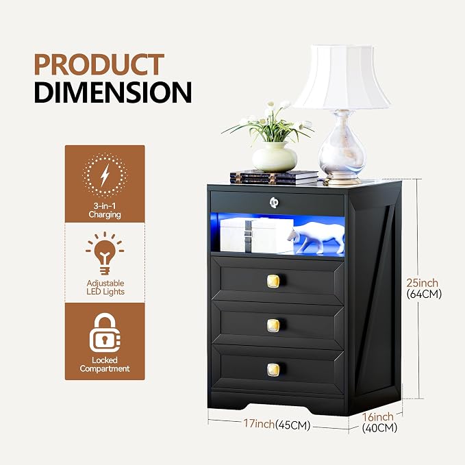 HNEBC Smart Night Stand with Gun Drawer,Glass Top Nightstand with Charging Sation,LED Bedside Table with 3 Color Lights,End Table with Glass Desktop,3 Drawers for Bedroom,Black - Image 2