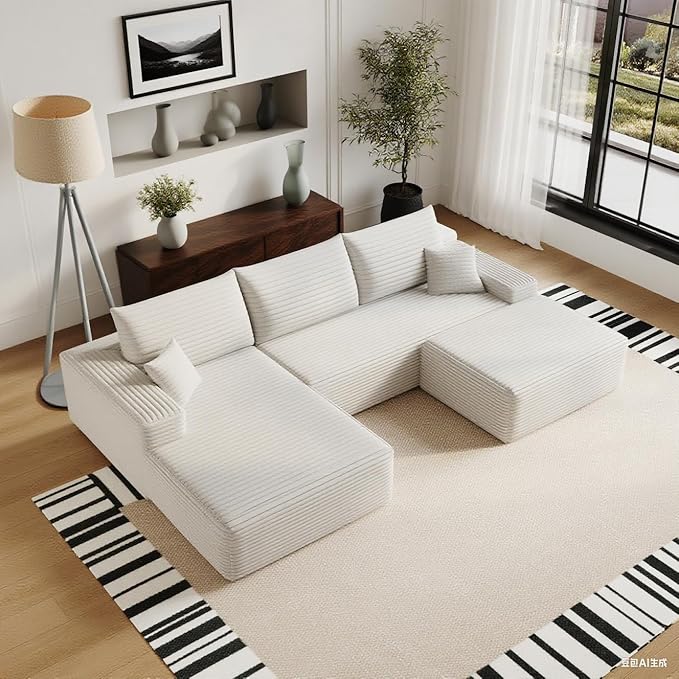 107" Corduroy Couch with Ottoman, Cloud Sectional U Shaped Sofa, Deep Seat Boneless Couches for Living Room Bedroom Apartment, Compressed Foam No Assembly Required, Left Facing Chaise, White