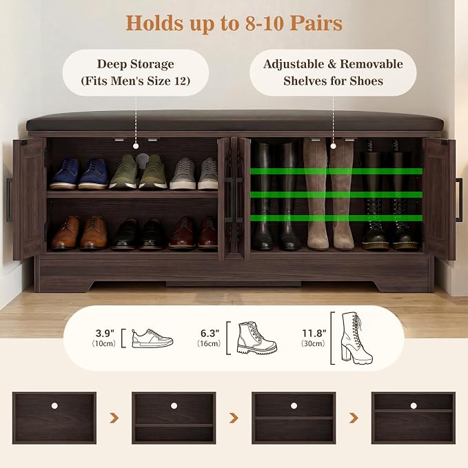 Farmhouse Shoe Storage Bench with Cushion - 43.3" Entryway Bench with Storage & 4 Barn Doors, 2-Tier Wooden Shoe Rack Bench, Shoe Cabinet & Mudroom Bench for Bedroom Hallway Living Room, Black Walnut - Image 5