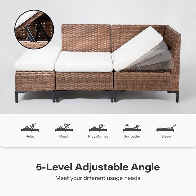 LAUSAINT HOME 8 Pieces Outdoor Patio Furniture Set, PE Wicker Sectional Conversation Sofa with Adjustable Backrests, Storage Ottoman & Wood Table with Umbrella Hole, Beige