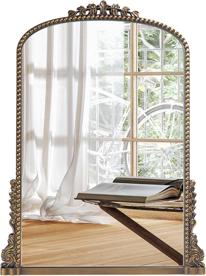 Vintage Baroque Arched Mirror - Traditional Ornate Antique Brass Wood Frame - 24"X32" - Perfect for Entryway, Fireplace, Living Room, Hallway, Bathroom - Image 3