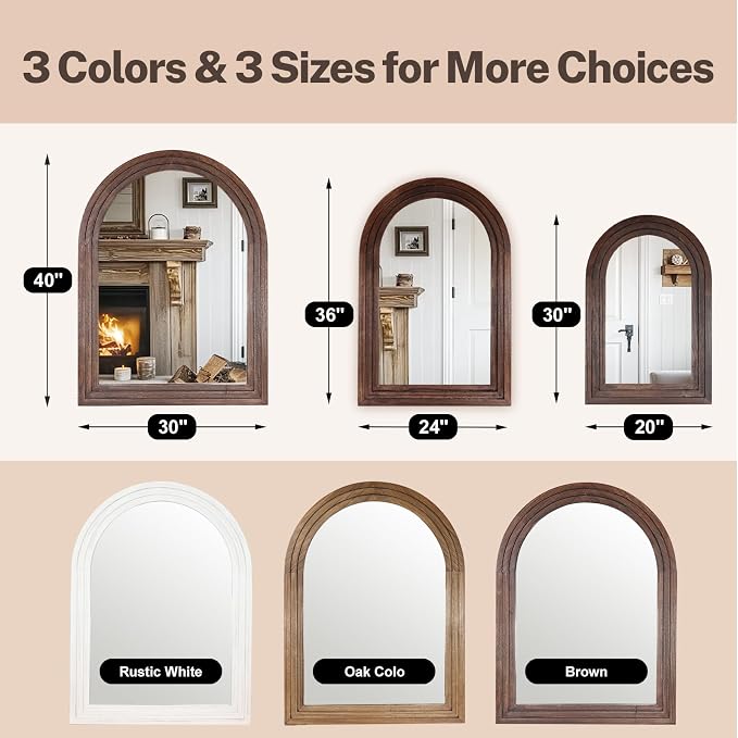 40"x30" Arched Wooden Frame Wall Mirror, Rustic Vanity Wall Mirror for Bathroom, Bedroom, Brown - Image 7