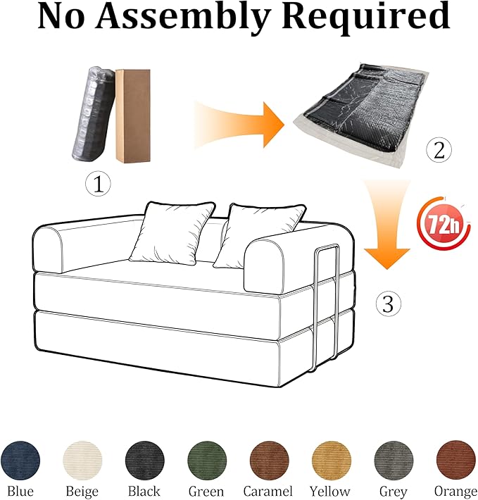 53.15'' Convertible Compressed Corduroy Folding Cloud Sofa Bed, Modern Boneless Pull Out Loveseat Sleeper in a Box, 4 in 1 Floor Mattress Futon Cloud Couch, No Assembly Needed, Orange, Pillows, Full