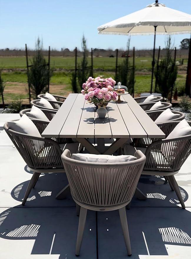 PURPLE LEAF 11 Pieces Patio Dining Set Wicker Outdoor Furniture Rectangular Table and Chairs Set for Garden Deck Aluminum Frame Backyard Kitchen Set, Cushions and Pillows Included Champagne by PURPLELEAF