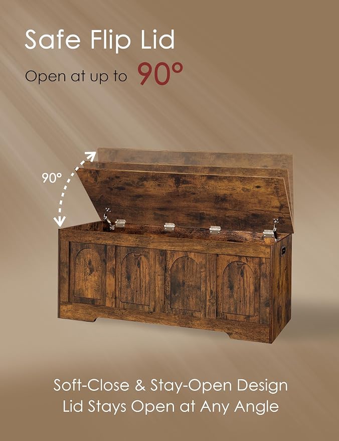 DINZI LVJ Storage Chest, 47.2”Wooden Storage Box with 2 Safety Hinges, Entryway Shoe Bench with Flip-Top, Large Trunk for Living Room, Bedroom, Easy Assembly, Rustic Brown - Image 4