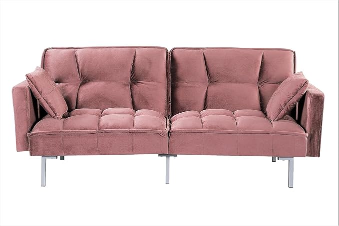 Regal 75.6" Velvet Convertible Sofa Bed - Mid-Century Sleeper Couch w/Tufted Design & Metal Legs - Pull-Out Futon for Guests/Home (75.6" W x 34.6" D x 32" H), Rose