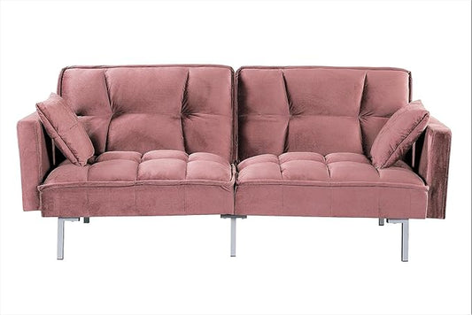 Regal 75.6" Velvet Convertible Sofa Bed - Mid-Century Sleeper Couch w/Tufted Design & Metal Legs - Pull-Out Futon for Guests/Home (75.6" W x 34.6" D x 32" H), Rose