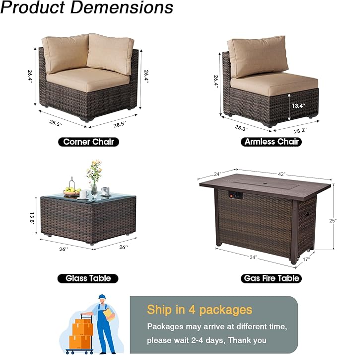 8 Piece Patio Furniture Set with Fire Pit Table All Weather PE Rattan Outdoor Sectional Sofa Couch with No-Slip Cushions and Glass Top Table for Garden, Poolside, Backyard (Beige)