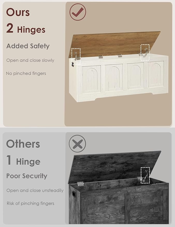DINZI LVJ Storage Chest, 50” Extra Large Storage Bench with 2 Safety Hinges, Farmhouse Wooden Toy Box with Flip-Top, Large Trunk for Living Room, Playroom, Easy Assembly, Honey Brown and Rustic White - Image 7