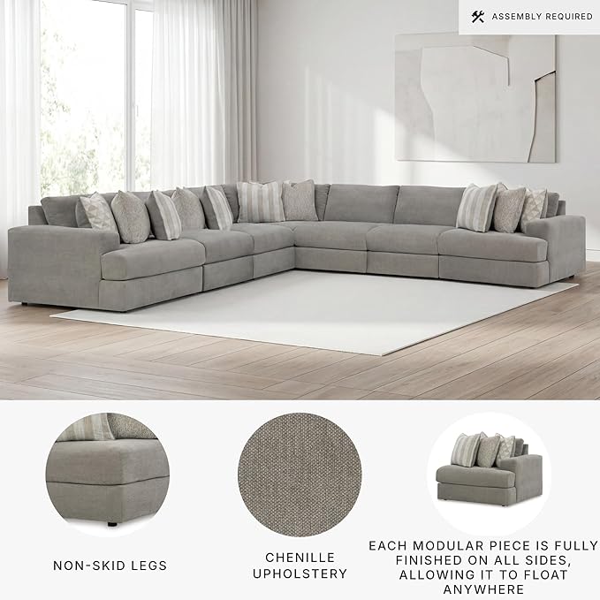 Signature Design by Ashley Casual Avaliyah L-Shape Symmetrical 7-Piece Sectional with Reversible Cushion and Armrest, Gray