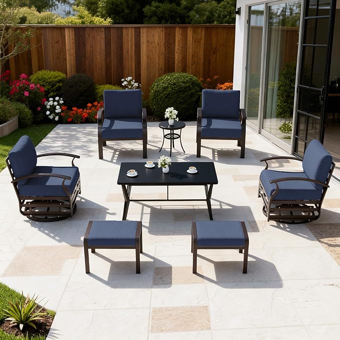 ALAULM Aluminum Patio Furniture Set with Coffee Table Rectangular, 6-seat Outdoor Sectional Furniture w/Swivel Chairs and 2 Ottomans, Patio Conversation Set for Porch, Backyard, Poolside-Dark Blue