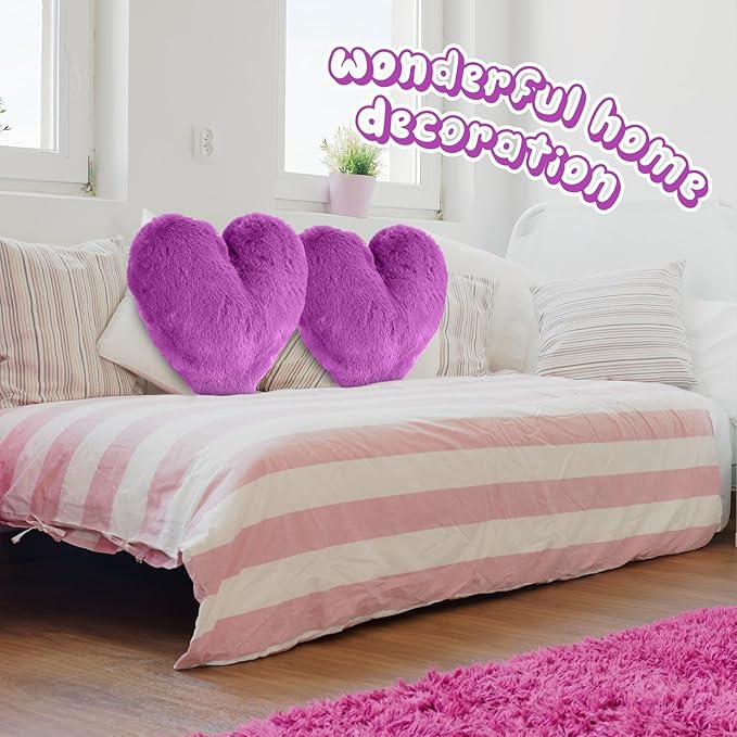Marsui 2 Pcs Heart Throw Pillows, Soft Fluffy Faux Fur Decorative Hearts Shaped Pillows for Living Room Sofa Bed, Cute Heart Themed Gift for Women(Dark Royal Purple,11.81 x 11.02 Inch)