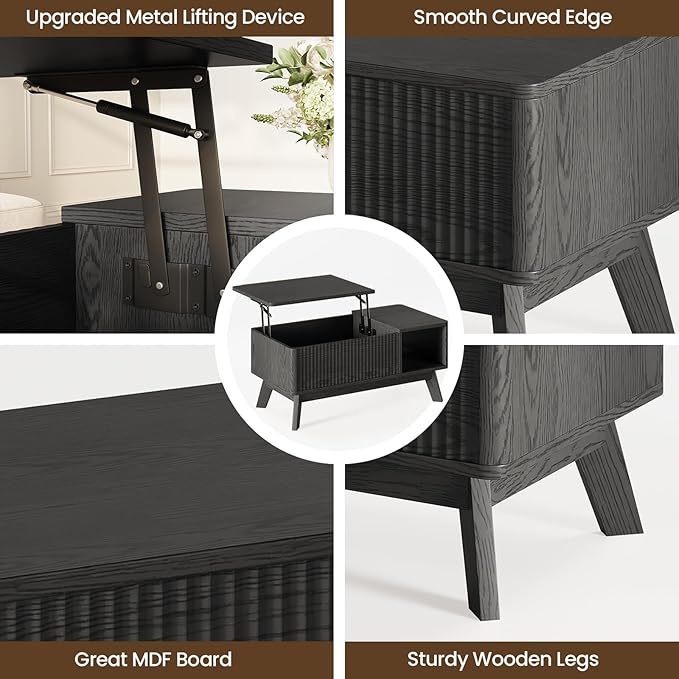 Wood Lift Top Coffee Table with Hidden Compartment and Large Storage Shelf, Lift Tabletop Dining Center Table for Home Living Room Office,Black