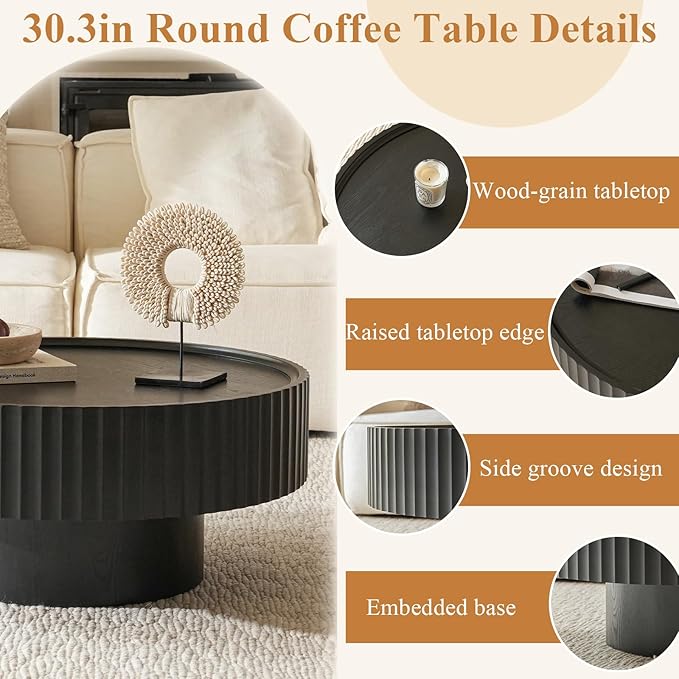 Round Coffee Table, 30.3in Modern Living Room Table, Fluted Drum Circle Tea Table with Storage, Accent Center Tables for Living Room, Apartment, Small Space(30.3''L×13.7''H) (Black)