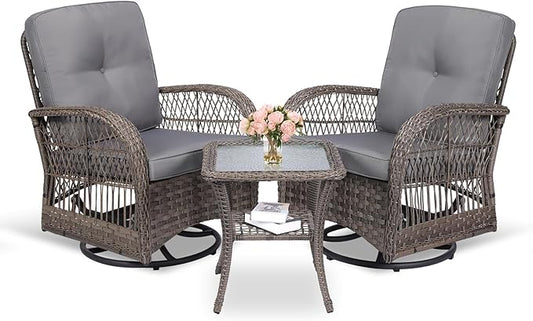 MEETWARM 3 Pieces Outdoor Wicker Swivel Rocker Patio Set, Rocking Chairs Rattan Patio Furniture Sets with Thickened Cushion and Glass-Top Coffee Table, Conversation Bistro Set for Porch (Gray)