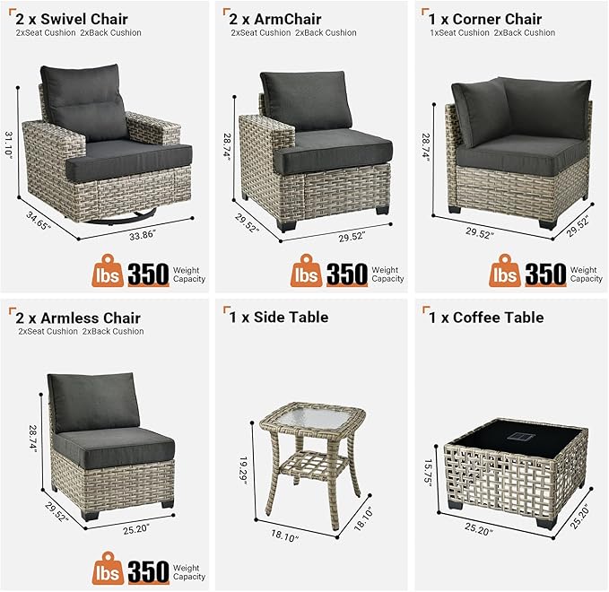 ovios 9 Piece Patio Sectional Furniture with Swivel Rocking Chairs, Rattan Wicker Coversation Set with Glowing Coffee Table, Outdoor Sofa Set for Outside Porch Balcony Backyard Pool,Black