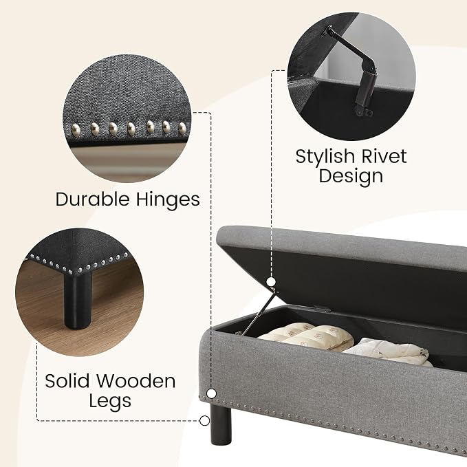 Furniliving Ottoman Bench with Storage, Folding Storage Ottoman Bench with Wood Legs, Upholstered Bedroom Bench with Button-Tufted, Entryway Bench Storage Bench for Bedroom, Linen (Darkgrey) - Image 7