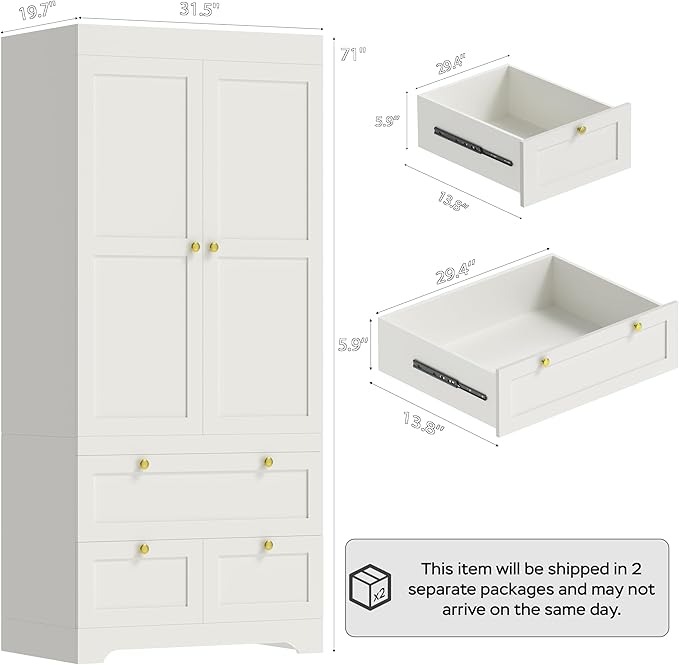 VELTENOVAIRE 2-Door Wardrobe Closet with 3 Drawers, 71" Tall White Wood Armoire Wardrobe Closet Organizer System & Storage Cabinet with Hanging Rod, Freestanding Bedroom Armoire, 20" Deep