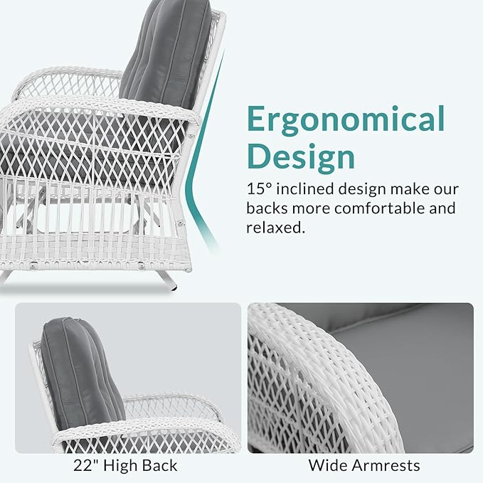 MEETWARM 5 Pieces Outdoor Patio Rattan Furniture Sets, All Weather Patio Wicker Conversation Set - 2 Rocking Swivel Chairs 1 Rattan Loveseat Glider with Cushions, 2 Coffee Table, White Wicker/Grey