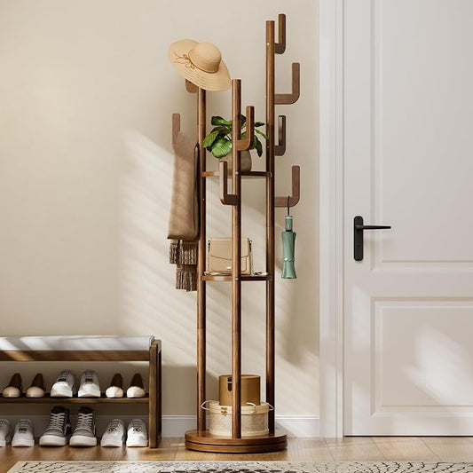 Yoobure Rotary Coat Rack Freestanding - Solid Wood Coat Tree with 9 hooks & 3 Storage Shelves for Purse, Bag, Jacket, Hat, Corner Hanger Stand Racks for Hall, Entryway, Office, Modern Clothes Holder by Yoobure