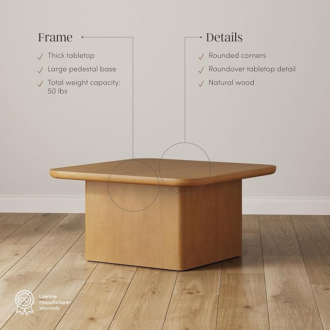 Nathan James Rein Organic Modern Coffee Table, Rustic Wood Square Coffee Table with Rounded Edge, Pedestal Coffee Table for Living Room, Light Brown