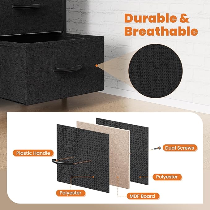 Sweetcrispy 7 Drawer Dresser Storage Organizer with Fabric Bins, Sturdy Steel Frame and Wood Top, Easy Pull Handles, for Bedroom Closet Hallway Entryway,Black - Image 5
