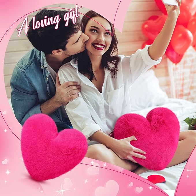 Marsui 2 Pcs Heart Throw Pillows, Soft Fluffy Faux Fur Decorative Hearts Shaped Pillows for Living Room Sofa Bed, Cute Heart Themed Gift for Women(Rose Red,11.81 x 11.02 Inch)
