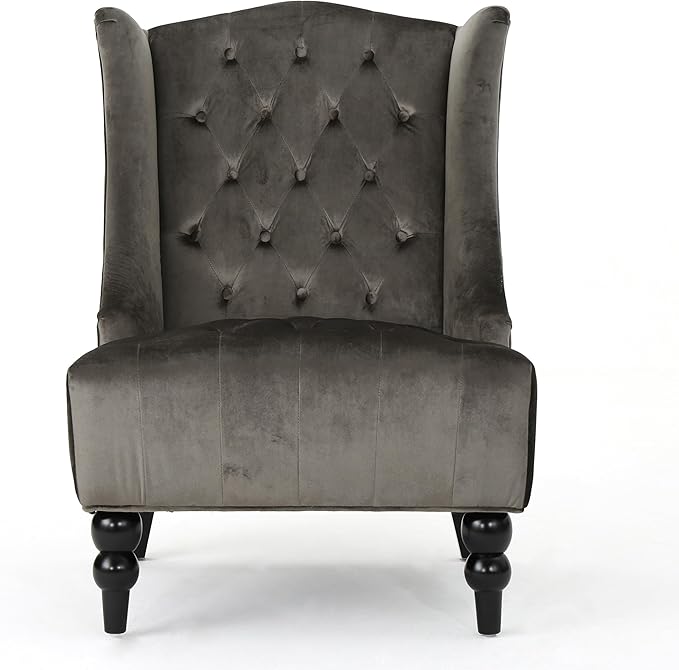 Modern Wingback Accent Chair, Tufted Velvet Couch Sofas with High Back Thick Padded Cushioned Seats for Living Room, Victorian Style, Grey
