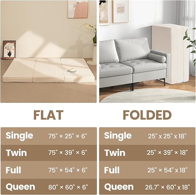 6-Inch Tri-Folding Mattress Full Size - Foldable Futon Sofa Bed with Removable Washable Cover, Folding Futon Mattress | Non-Slip Bottom & Carry Handles for Guest, Camping, Dorm