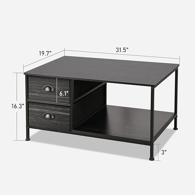 SENIG Coffee Table with Drawers, Coffee Table for Living Room, 2-Tier Coffee Tables with Storage Drawers，Oak Coffee Tables for Small Spaces, Rectangle Wood Table, Metal Side End Table
