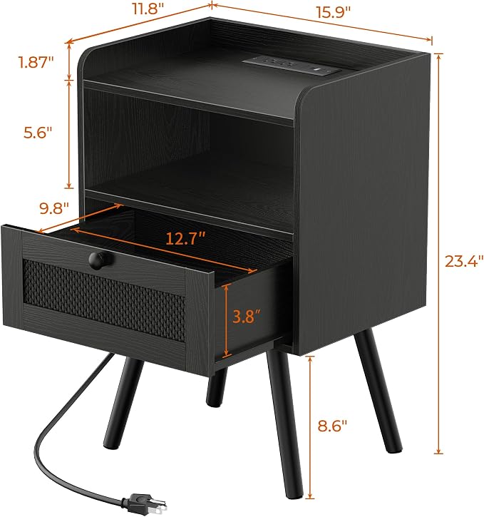 SUPERJARE Nightstand with Charging Station, Bedside Table with Texilene Surface Drawers, Rattan Side Table with Storage & Solid Wood Feet, End Table for Bedroom, All Black - Image 3