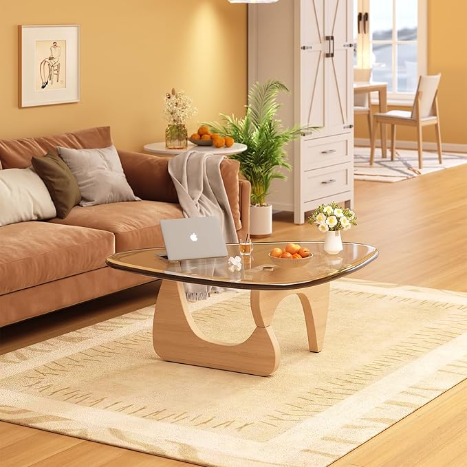 Coffee Table for Living Room Mid Century Modern Center Small Table with Glass Top and Wood, Original Transparent(45 Inch)