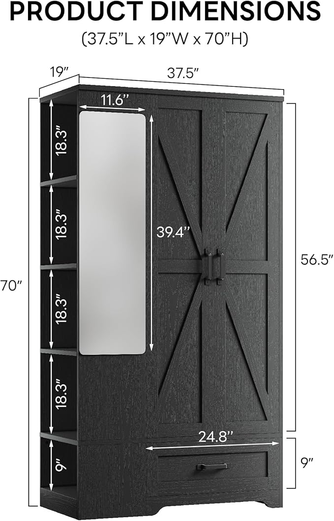 LIKIMIO Armoire Wardrobe Closet 70 Inches, Large Storage with Mirror, 2 Doors, Drawer, and Shelves, Modern Bedroom Freestanding Wooden Wardrobe Combination with Hanging Rail, Black