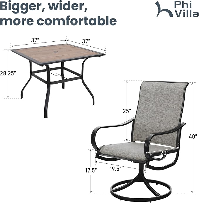 PHI VILLA 5 Piece Outdoor Patio Dining Set, Patio Table & Chair Set Clearance for 4 Person, 4 Swivel Dining Chairs & 1 Square Patio Table(1.57" Hole) for Lawn Garden Poolside - Image 8