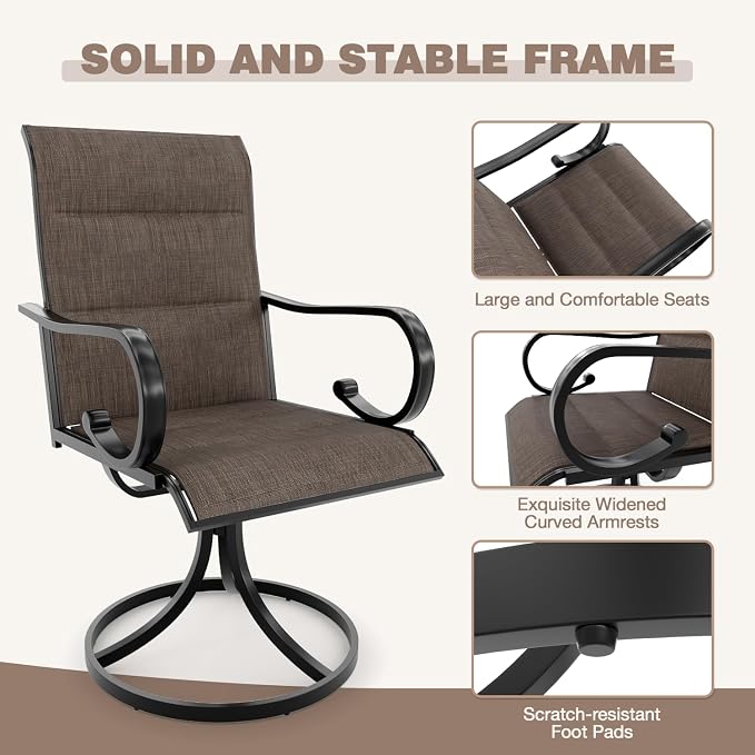 MELLCOM Swivel Outdoor Chairs Set of 6, High Back Padded Textilene Patio Dining Chairs with Metal Frame, All-Weather Outdoor Furniture Rocker, Brown - Image 6