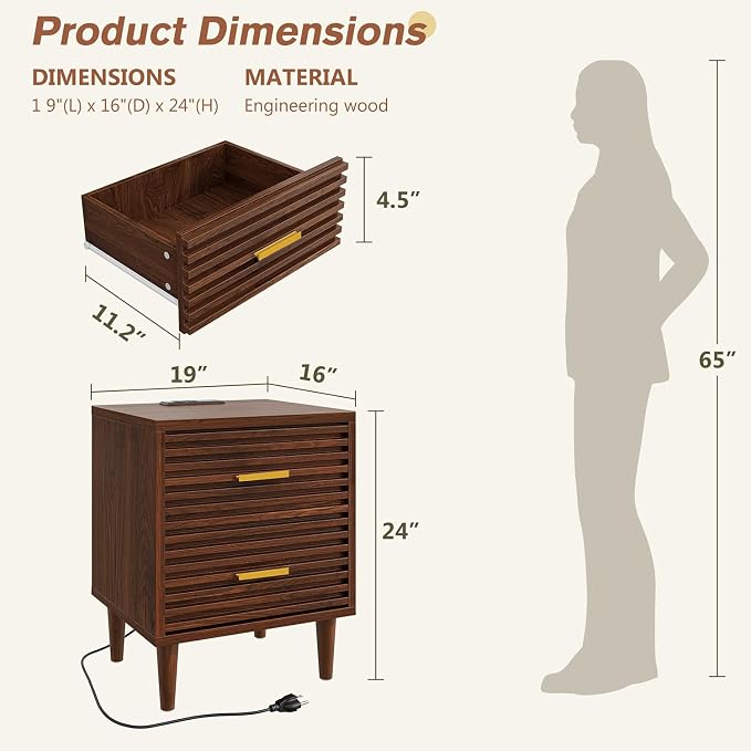 Alohappy Night Stands with Charging Station Set of 2, Mid Century Modern Nightstands, Wooden Bedside Table for Bedroom, End Table with Storage Drawers, Bed Side Table with USB Outlets, Brown 2pcs - Image 2