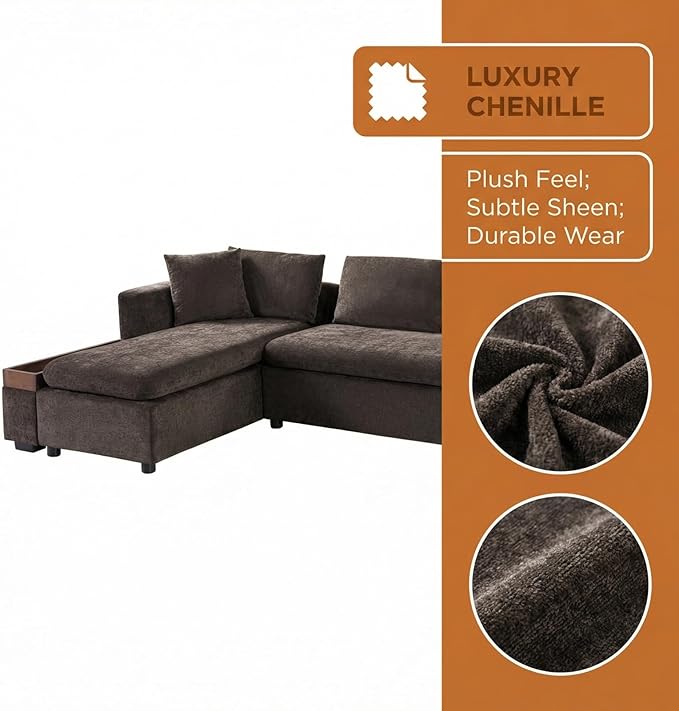 93.7" L-Shaped Sectional Sofa with Storage Chaise, Modern Couch for Living Room, Chenille Upholstered Couch with Deep Seats & Throw Pillows, Modern Corner Sofa for Living Room, Gray