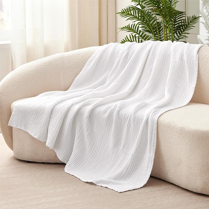 100% Cotton Muslin Blanket Large 50" x 70", 6 Layers Breathable and Lightweight Cotton Blankets for Bed and Couch, Quilt Bedspread, Gauze Throw for Adults, White