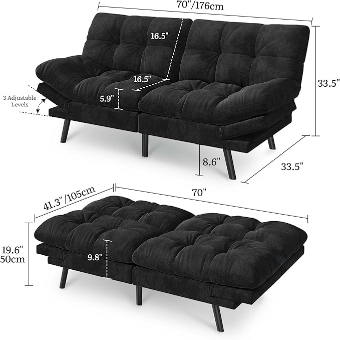 DWVO Sofa Bed with 3-Position Adjustable Backrest & Armrests, Upholstered Loveseat Couch Bed, Expandable Foldable Design for Living Room, Bedroom, Black
