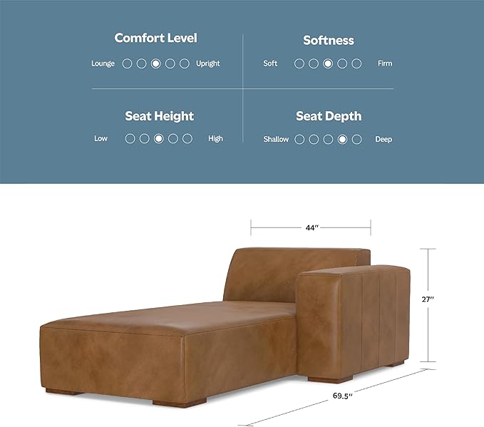 SIMPLIHOME Rex Right Chaise Sofa Module in Full-Grain Genuine Leather, Caramel Brown, 44-inches W x 69.5-inches D, Handcrafted Modern-Style Right-Arm Chaise Lounge Chair for Living Room