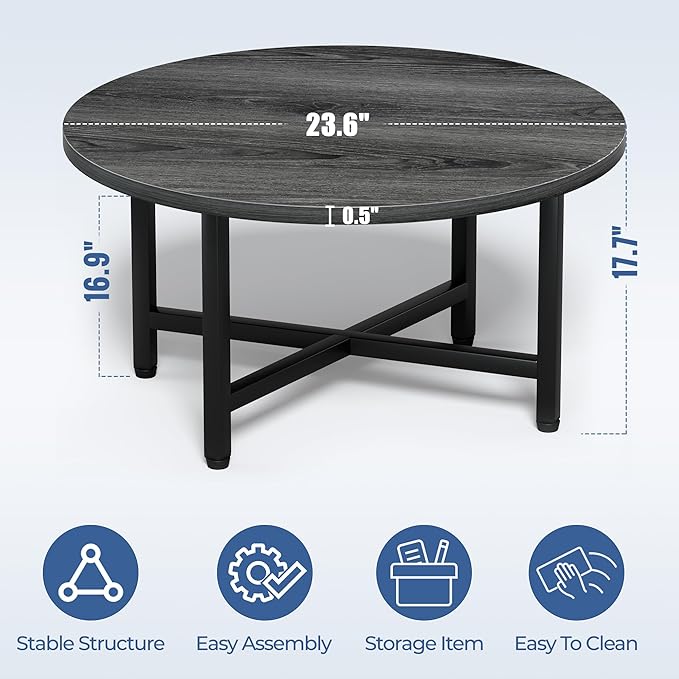 Coffee Table, 23.6" Small Coffee Tables, Gray Round Coffee Tables for Living Room, Floor Table for Sitting on The Floor, Center Coffee Table with Metal Frame for Office Apartment Home