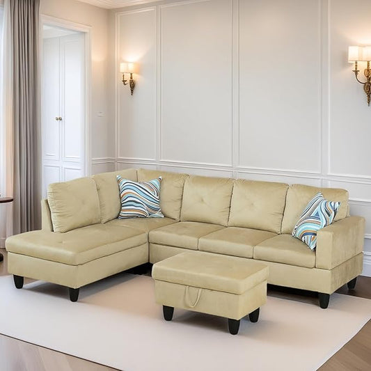 FONTOI L Shaped Sectional Couch Sofa, Modern Couches for Living Room, Comfy 4 Seat Modular Sectional Sofa with Ottoman Storage for Bedroom Apartment, Beige