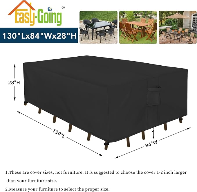 Easy-Going Rectangle Patio Furniture Cover Waterproof Outdoor Dining Table and Chair Cover Anti-UV Outside Sectional Sofa Set Covers (130"L x 84"W x 28"H, Black) - Image 2
