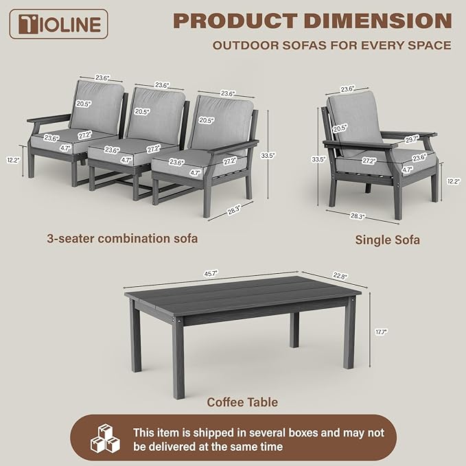 HDPE Patio Conversation Set, 6-Piece All Weather Outdoor Furniture Set with 2 Single Armchairs for Deck, Lawn, with Cushion, Gray