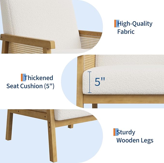 IDEALHOUSE Rattan Accent Chair, Boucle Armchair, Upholstered Reading Chair with Wooden Frame and High Back, Leisure Chairs for Living Room Bedroom Waiting Room Reception, White