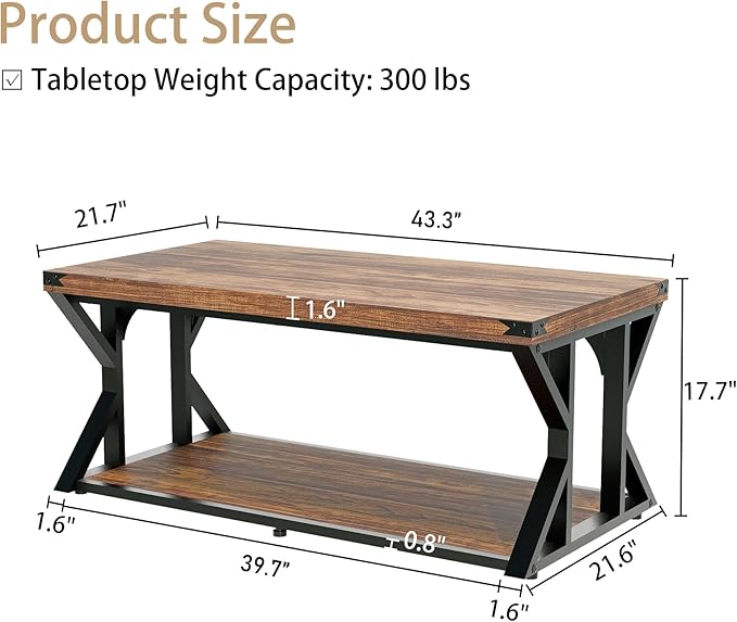 Modern Industrial Coffee Table for Living Room 43" Rectangle Accent Center Table with Storage Shelf & Metal Frame, Heavy Duty 2-Tier Cocktail Table Rustic Brown