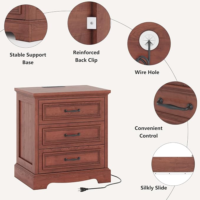 Farmhouse Nightstand Set of 2, Wood Night Stand with 3 Drawers and Charging Station Modern Bedside Table for Bedroom End Side Table Storage Cabinet Small 6 Drawers Dresser (2, Cherry Brown) - Image 5