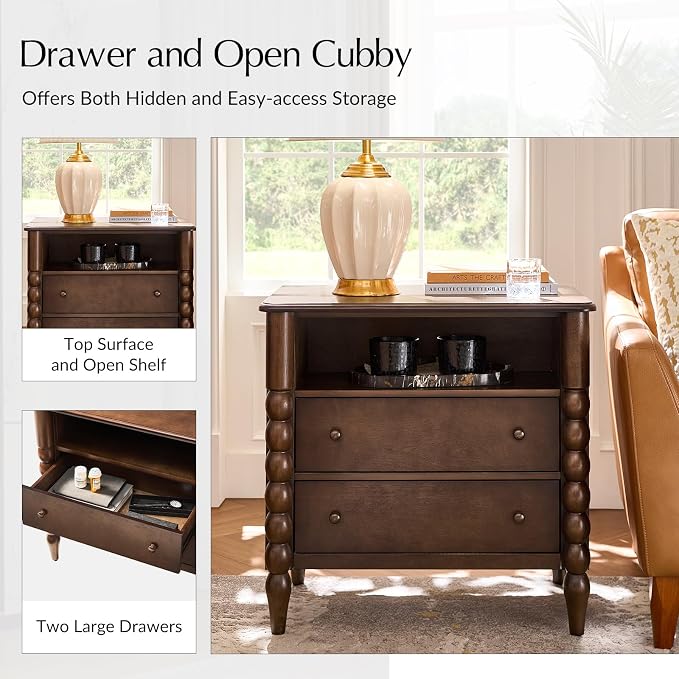 HULALA HOME Farmhouse Storage End Table with Spindle Columns, 2 Drawers and Open Shelf Side Table, Solid Wood Fluted Side Table with Charging Station, Walnut - Image 4