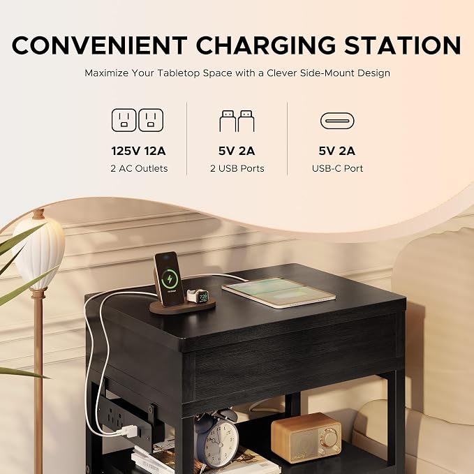 Lazzanto Nightstand Hidden Drawer Charging Table - Night Stand with Charger Station and Sliding Top Storage, Morden Bedside Table with 2 Fabric Drawers, for Dorm Living Room Bedroom, Black - Image 5