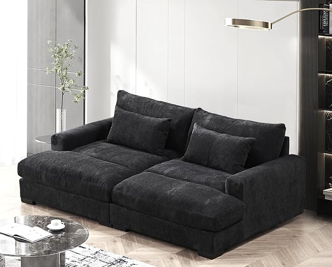 Luxe Sleeper Sofa with Soft Corduroy Upholstery, Double Chaise Design, Convertible to Twin Size Bed, Modern and Comfortable Living Room Couch, 89.9" Wide, Black
